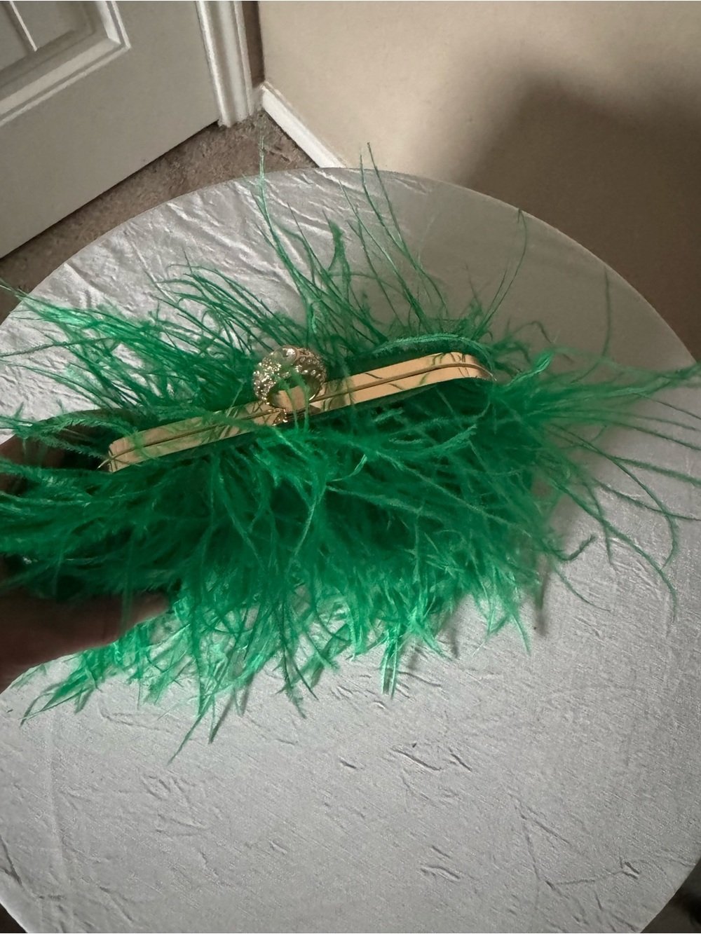 Green Feather Clutch Handbag with Crystal Accent
